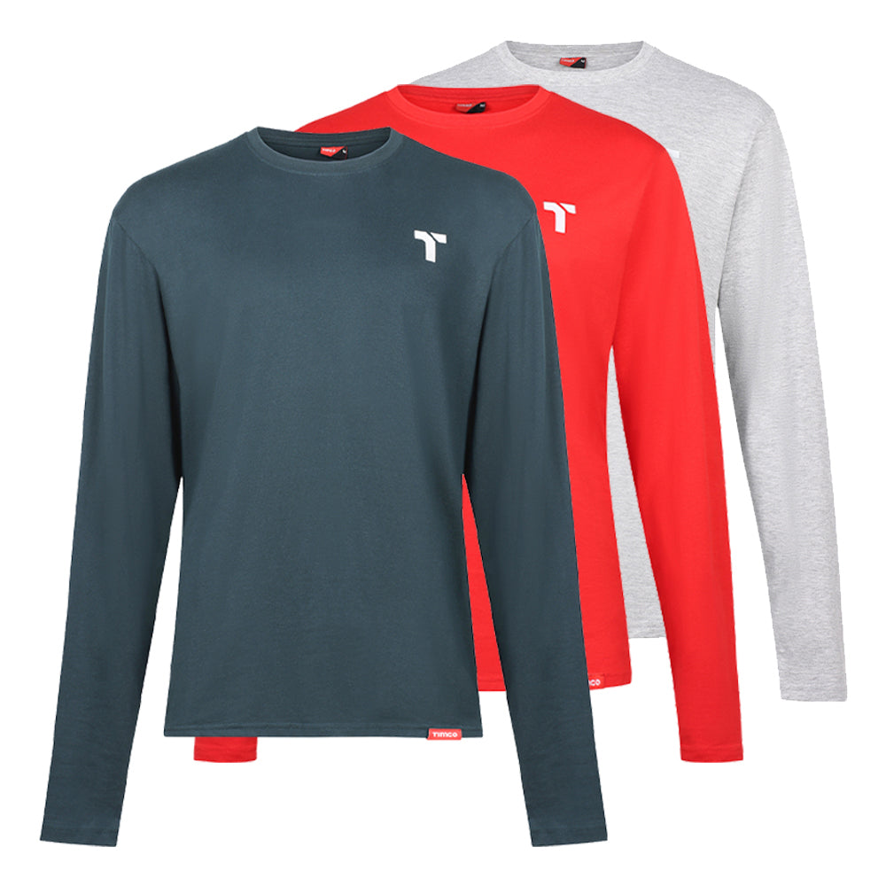 This is an image showing TIMCO Long Sleeve Trade T-Shirt Pack - X Large (Grey/Red/Green) - 3 Pieces Bag available from T.H Wiggans Ironmongery in Kendal, quick delivery at discounted prices.