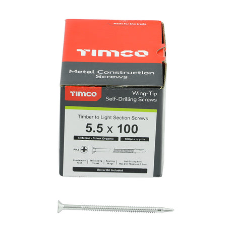 This is an image showing TIMCO Metal Construction Timber to Light Section Screws - Countersunk - Wing-Tip - Self-Drilling - Exterior - Silver Organic - 5.5 x 100 - 100 Pieces Box available from T.H Wiggans Ironmongery in Kendal, quick delivery at discounted prices.