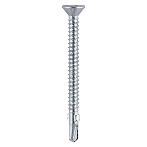 This is an image showing TIMCO Metal Construction Timber to Light Section Screws - Countersunk - Wing-Tip - Self-Drilling - Zinc - 5.5 x 150 - 100 Pieces Box available from T.H Wiggans Ironmongery in Kendal, quick delivery at discounted prices.