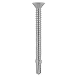 This is an image showing TIMCO Metal Construction Timber to Light Section Screws - Countersunk - Wing-Tip - Self-Drilling - Exterior - Silver Organic - 4.2 x 38 - 200 Pieces Box available from T.H Wiggans Ironmongery in Kendal, quick delivery at discounted prices.