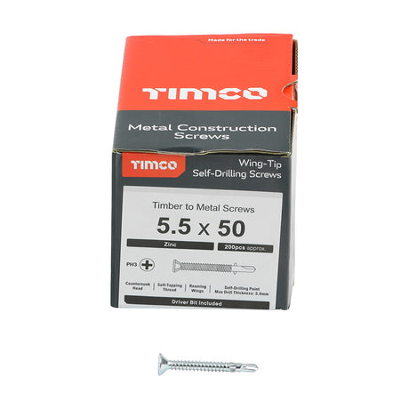 This is an image showing TIMCO Metal Construction Timber to Light Section Screws - Countersunk - Wing-Tip - Self-Drilling - Zinc - 5.5 x 50 - 200 Pieces Box available from T.H Wiggans Ironmongery in Kendal, quick delivery at discounted prices.