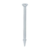 This is an image showing TIMCO Metal Construction Timber to Light Section Screws - Countersunk - Wing-Tip - Self-Drilling - Exterior - Silver Organic - 5.5 x 85 - 100 Pieces Box available from T.H Wiggans Ironmongery in Kendal, quick delivery at discounted prices.