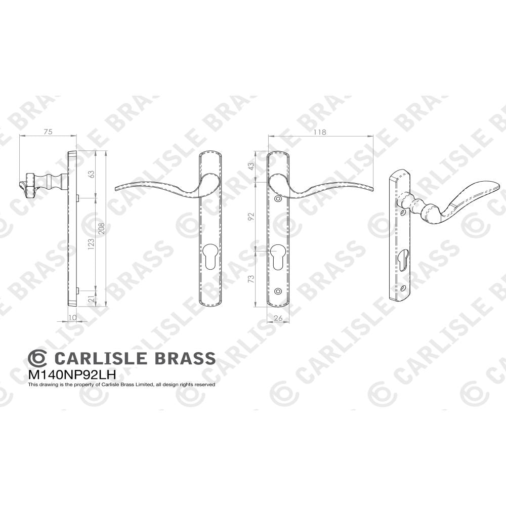 This is an image of Carlisle Brass - Narrow Plate - Scroll Lever Furniture (70Mm C/C) - (Left Hand) available to order from T.H Wiggans Architectural Ironmongery in Kendal, quick delivery and discounted prices.