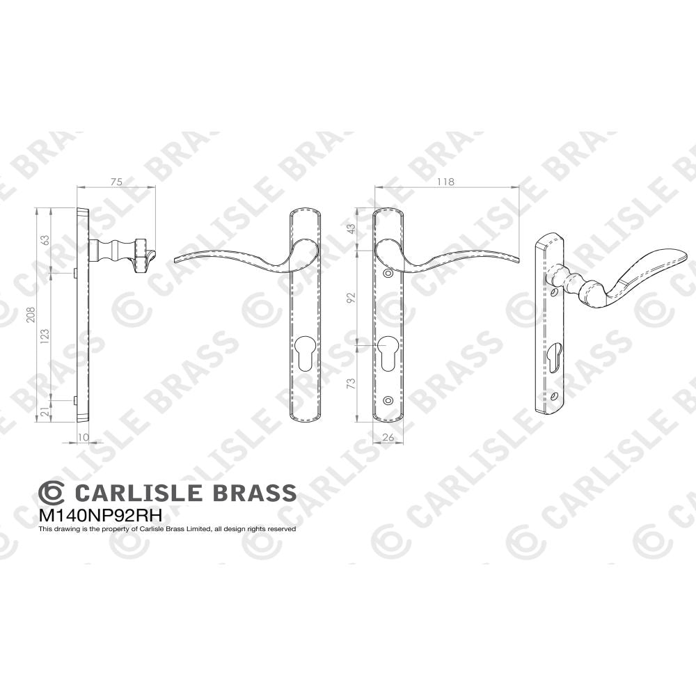 This is an image of Carlisle Brass - Narrow Plate - Scroll Lever Furniture (70Mm C/C) - (Right Hand) available to order from T.H Wiggans Architectural Ironmongery in Kendal, quick delivery and discounted prices.