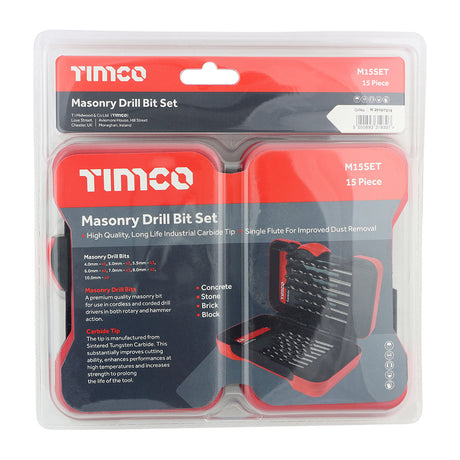 This is an image showing TIMCO Masonry Drill Bit Set - 15pcs - 15 Pieces Case available from T.H Wiggans Ironmongery in Kendal, quick delivery at discounted prices.