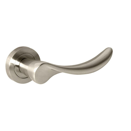 This is an image of Mediterranean Malaga Lever on Round Rose - Satin Nickel available to order from T.H Wiggans Architectural Ironmongery in Kendal, quick delivery and discounted prices.