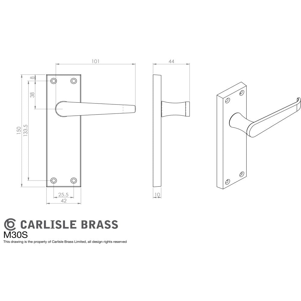 This image is a line drwaing of a Carlisle Brass - Victorian Lever on Sweedor Latch Backplate - Polished Brass available to order from Trade Door Handles in Kendal