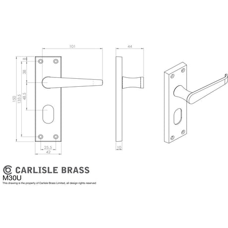 This image is a line drwaing of a Carlisle Brass - Victorian Lever on Oval Lock Backplate - Polished Brass available to order from Trade Door Handles in Kendal