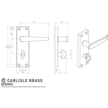 This image is a line drwaing of a Carlisle Brass - Victorian Lever on WC Bathroom Backplate - Satin Chrome available to order from Trade Door Handles in Kendal