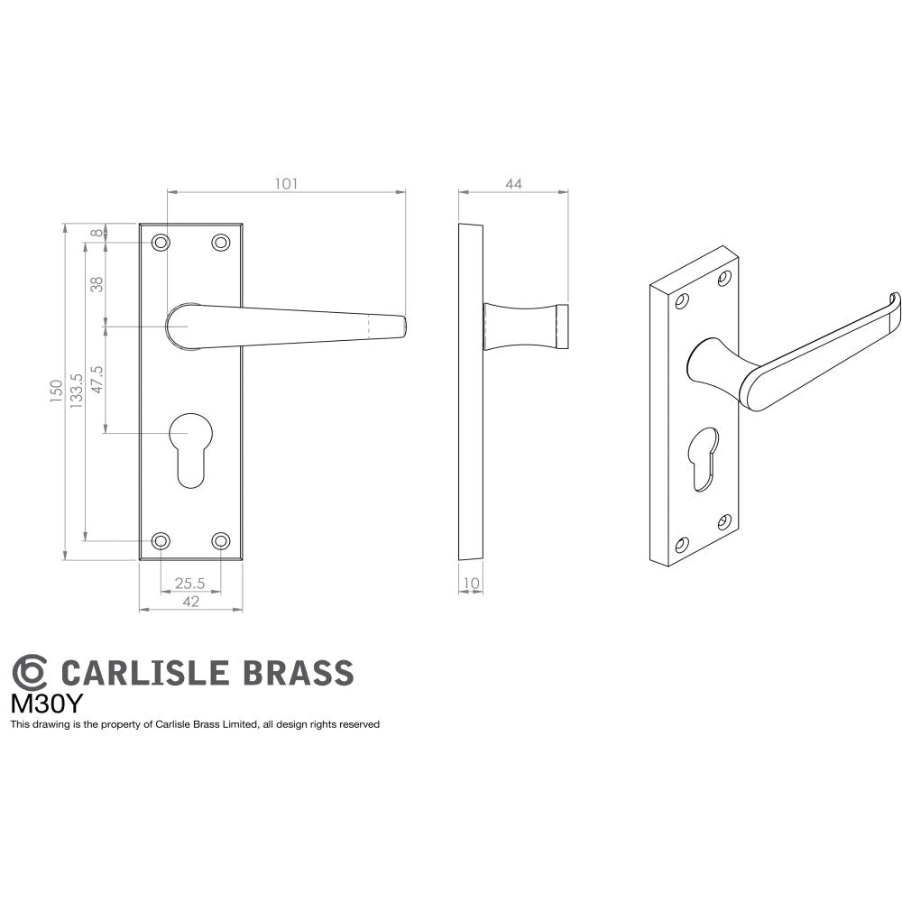 This image is a line drwaing of a Carlisle Brass - Victorian Lever on Euro Lock Backplate - Polished Brass available to order from Trade Door Handles in Kendal