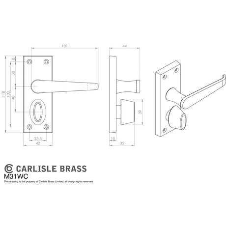 This image is a line drwaing of a Carlisle Brass - Victorian Lever on Privacy Backplate - Polished Brass available to order from Trade Door Handles in Kendal