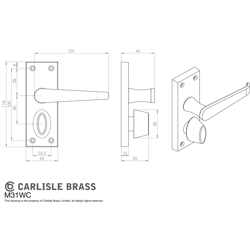 This image is a line drwaing of a Carlisle Brass - Victorian Lever on Privacy Backplate - Satin Chrome available to order from Trade Door Handles in Kendal