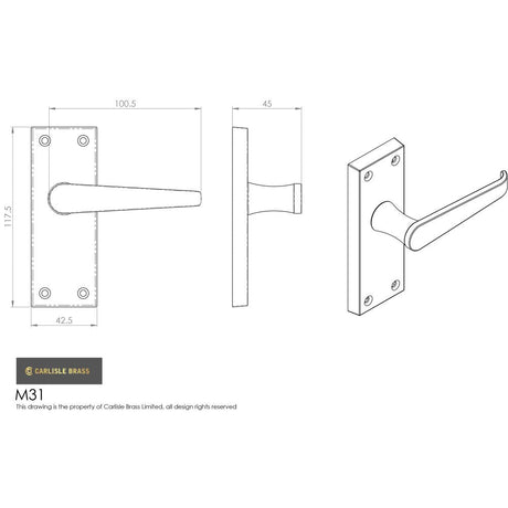 This image is a line drwaing of a Carlisle Brass - Victorian Lever on Latch Backplate - Polished Chrome available to order from Trade Door Handles in Kendal