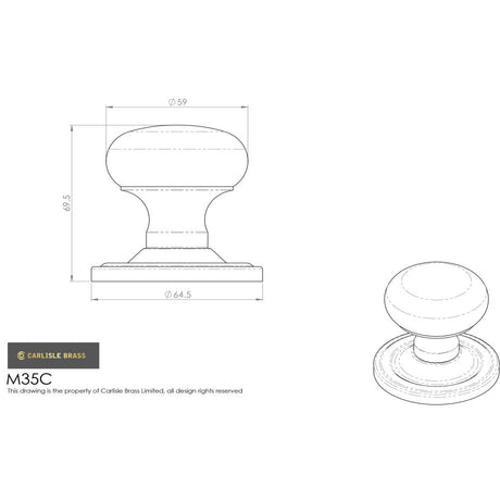 This image is a line drwaing of a Carlisle Brass - Concealed Fix Mushroom Mortice Knob - Polished Brass available to order from Trade Door Handles in Kendal