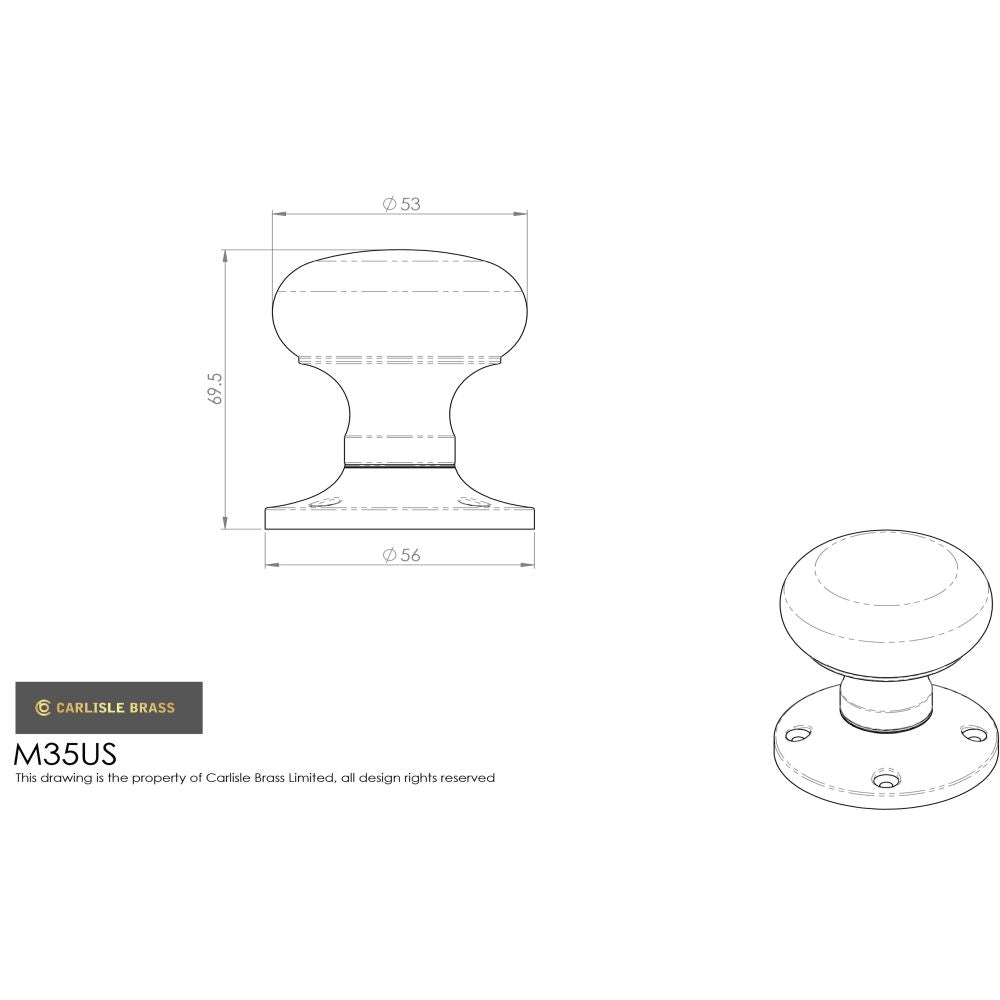 This image is a line drwaing of a Carlisle Brass - Mushroom Mortice Knob (Unsprung) - Polished Chrome available to order from Trade Door Handles in Kendal