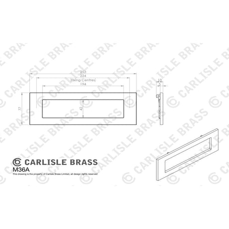 This image is a line drwaing of a Carlisle Brass - Plain Letter Plate 253 x 77mm - Polished Brass available to order from Trade Door Handles in Kendal