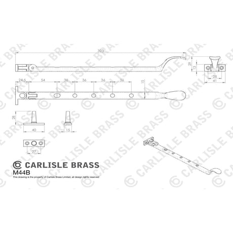 This image is a line drwaing of a Carlisle Brass - Victorian Casement Stay 305mm - Satin Chrome available to order from T.H Wiggans Architectural Ironmongery in Kendal in Kendal
