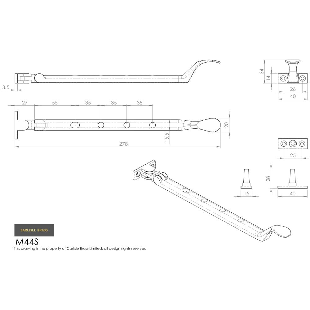 This image is a line drwaing of a Carlisle Brass - Victorian Casement Stay 254mm - Polished Chrome available to order from T.H Wiggans Architectural Ironmongery in Kendal in Kendal