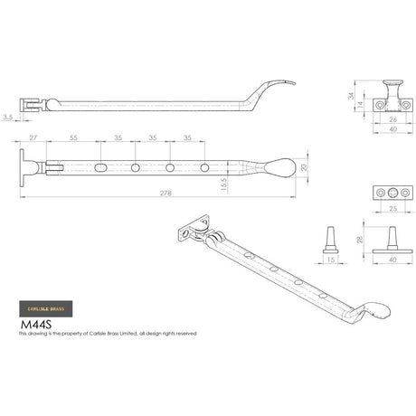 This image is a line drwaing of a Carlisle Brass - Victorian Casement Stay 254mm - Satin Chrome available to order from T.H Wiggans Architectural Ironmongery in Kendal in Kendal