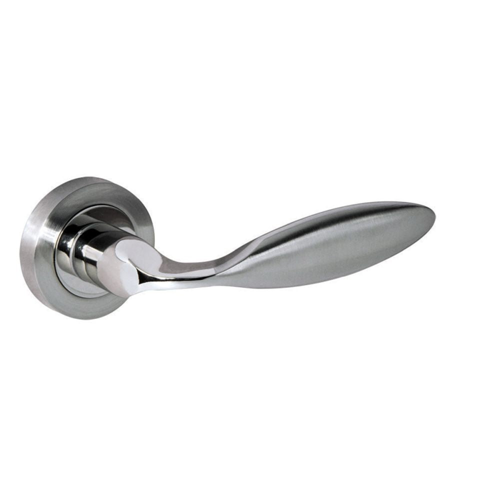 This is an image of Mediterranean Ibiza Lever on Round Rose - Satin Nickel/Polished Nickel available to order from T.H Wiggans Architectural Ironmongery in Kendal, quick delivery and discounted prices.