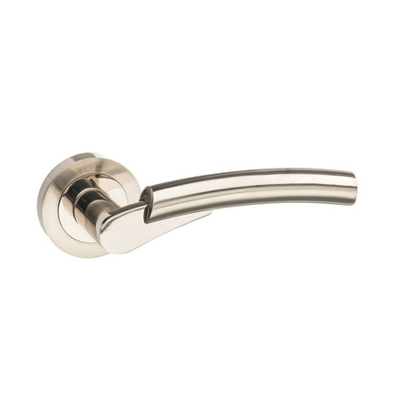 This is an image of Mediterranean Messina Lever on Round Rose - Satin Nickel/Polished Nickel available to order from T.H Wiggans Architectural Ironmongery in Kendal, quick delivery and discounted prices.