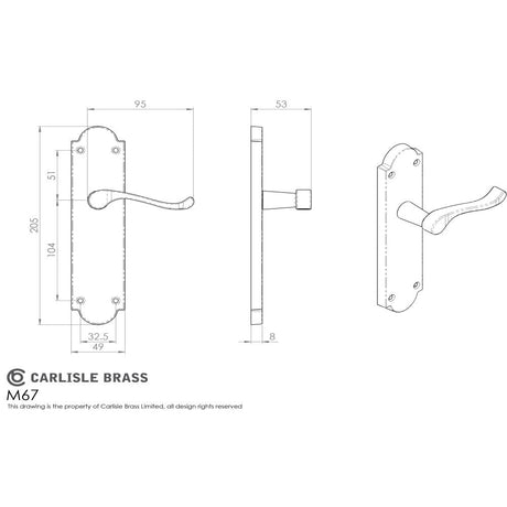 This image is a line drwaing of a Carlisle Brass - Victorian Scroll Lever on Shaped Latch Backplate - Polished Bra available to order from Trade Door Handles in Kendal