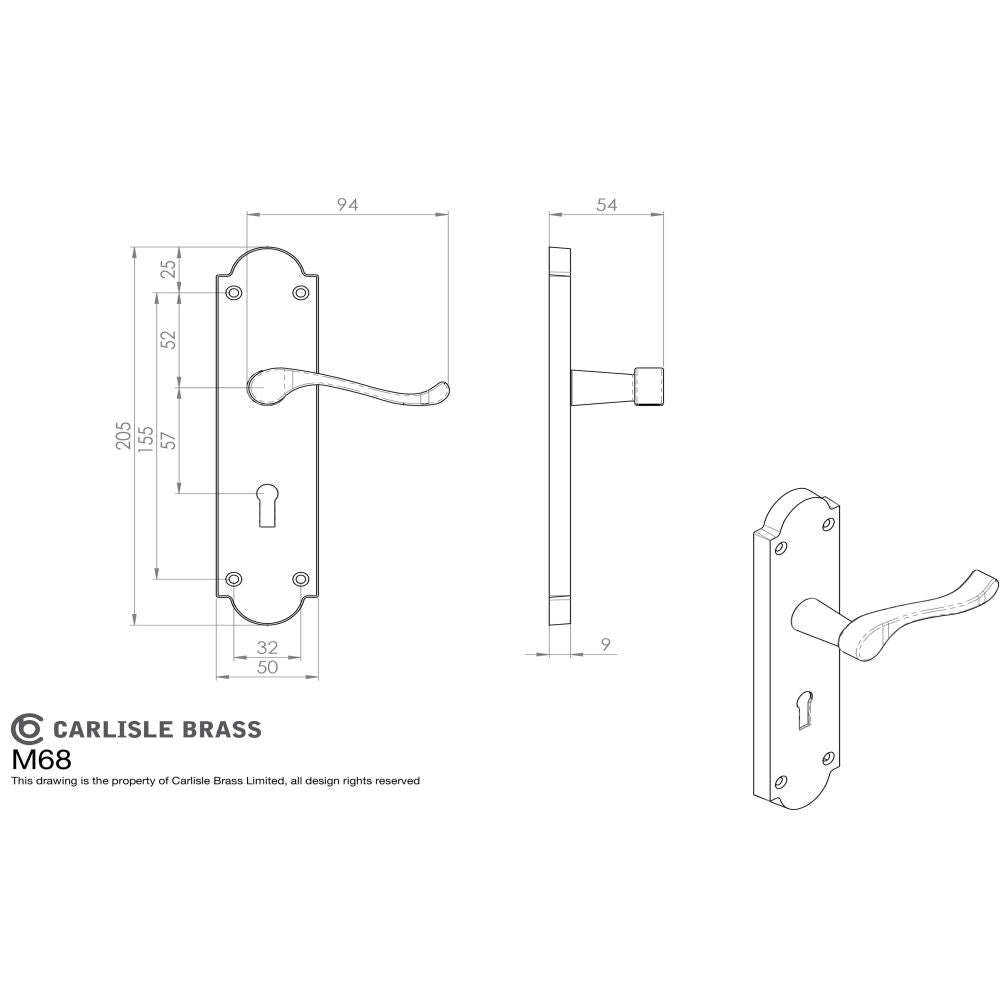 This image is a line drwaing of a Carlisle Brass - Victorian Scroll Lever on Shaped Lock Backplate - Polished Bras available to order from Trade Door Handles in Kendal