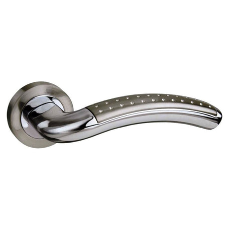 This is an image of Mediterranean Monaco Lever on Round Rose - Satin Nickel/Polished Chrome available to order from T.H Wiggans Architectural Ironmongery in Kendal, quick delivery and discounted prices.