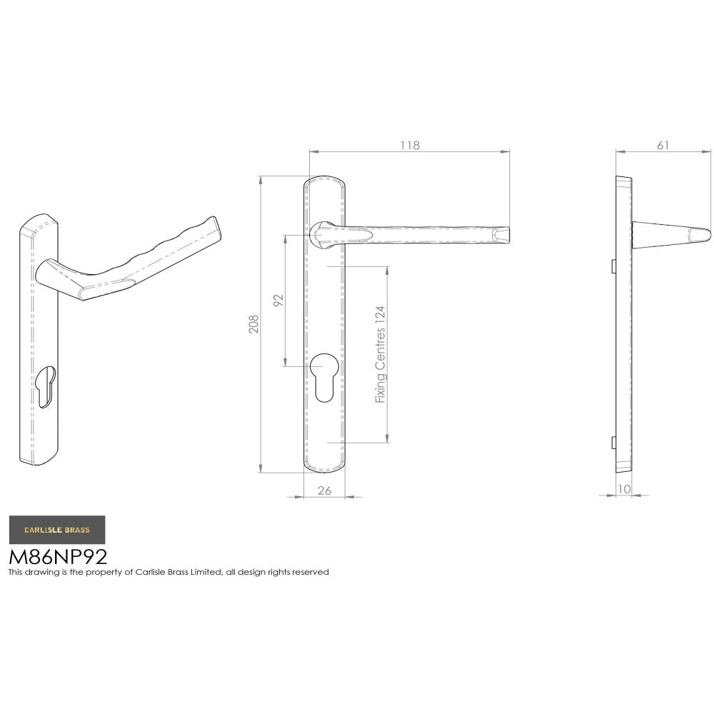 This image is a line drwaing of a Carlisle Brass - Narrow Plate with Straight Lever 92mm c/c - Polished Chrome available to order from Trade Door Handles in Kendal