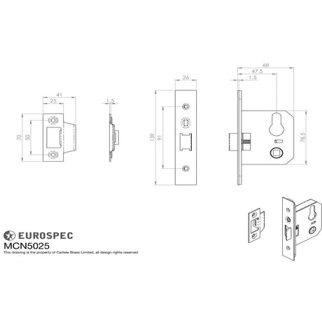 This image is a line drwaing of a Eurospec - Easi-T Euro Profile Cylinder Night Latch - Case Only 64mm - Satin Sta available to order from T.H Wiggans Architectural Ironmongery in Kendal