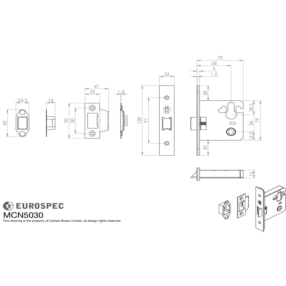 This image is a line drwaing of a Eurospec - Easi-T Euro Profile Cylinder Night Latch - Case Only 76mm - Satin Sta available to order from T.H Wiggans Architectural Ironmongery in Kendal