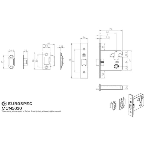 This image is a line drwaing of a Eurospec - Easi-T Euro Profile Cylinder Night Latch - Case Only 76mm - Satin Sta available to order from T.H Wiggans Architectural Ironmongery in Kendal