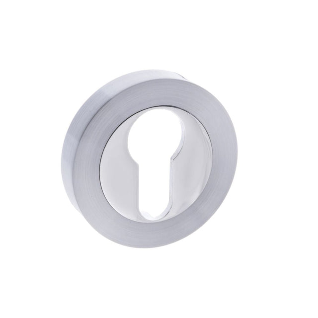 This is an image of Mediterranean Euro Escutcheon on Round Rose - Satin Chrome/Polished Chrome available to order from T.H Wiggans Architectural Ironmongery in Kendal, quick delivery and discounted prices.