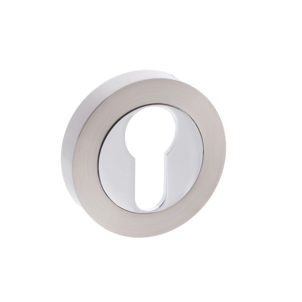 This is an image of Mediterranean Euro Escutcheon on Round Rose - Satin Nickel/Polished Chrome available to order from T.H Wiggans Architectural Ironmongery in Kendal, quick delivery and discounted prices.