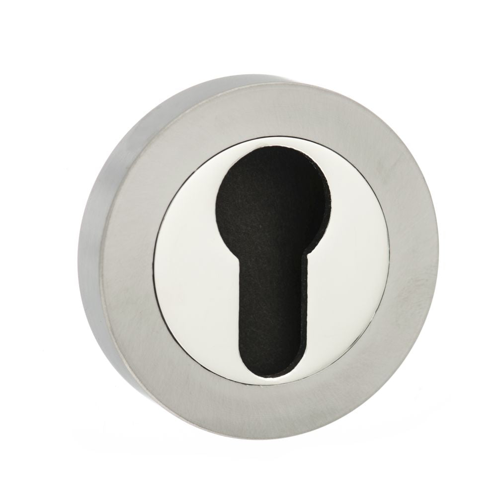 This is an image of Mediterranean Euro Escutcheon on Round Rose - Satin Nickel/Polished Nickel available to order from T.H Wiggans Architectural Ironmongery in Kendal, quick delivery and discounted prices.