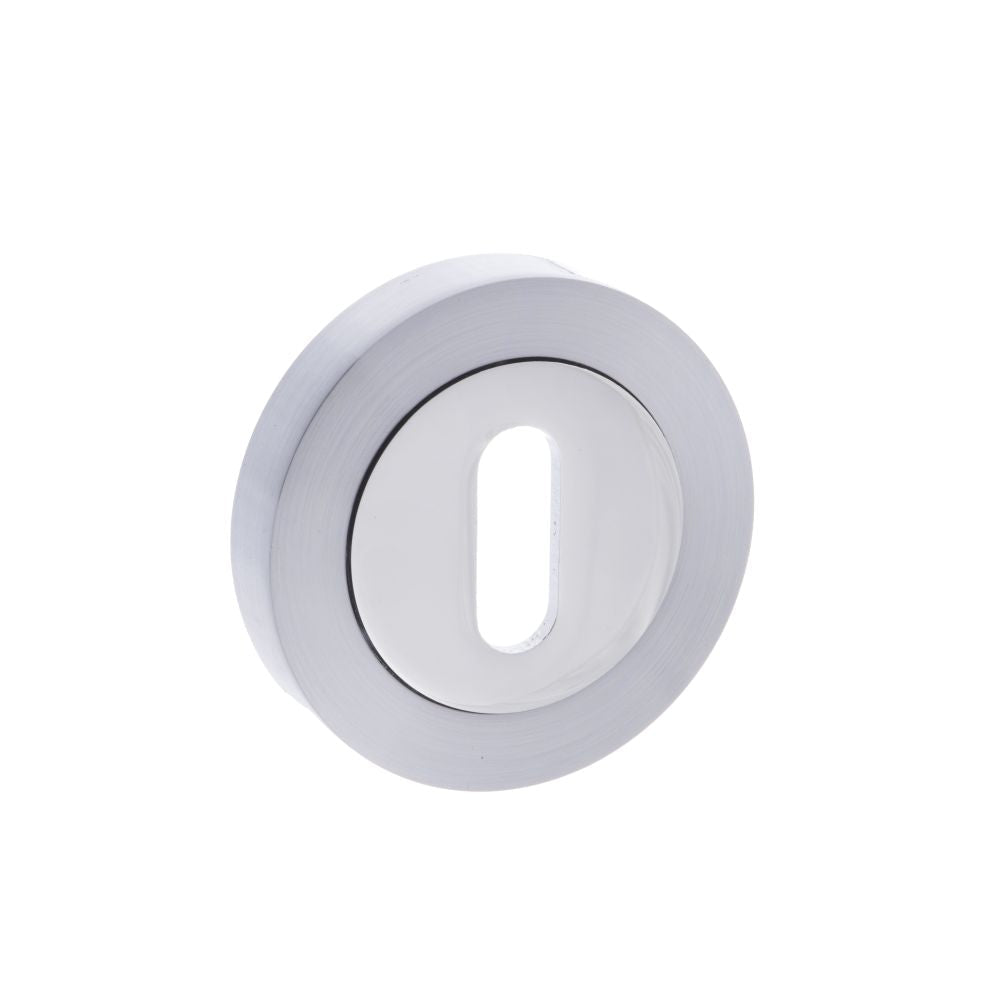 This is an image of Mediterranean Key Escutcheon on Round Rose - Satin Chrome/Polished Chrome available to order from T.H Wiggans Architectural Ironmongery in Kendal, quick delivery and discounted prices.