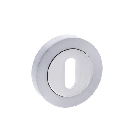 This is an image of Mediterranean Key Escutcheon on Round Rose - Satin Chrome/Polished Chrome available to order from T.H Wiggans Architectural Ironmongery in Kendal, quick delivery and discounted prices.