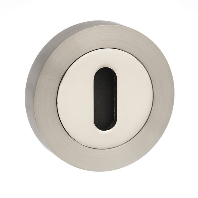 This is an image of Mediterranean Key Escutcheon on Round Rose - Satin Nickel/Polished Nickel available to order from T.H Wiggans Architectural Ironmongery in Kendal, quick delivery and discounted prices.