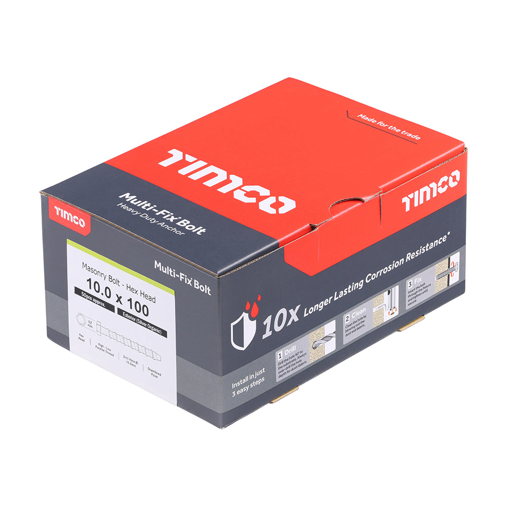 This is an image showing TIMCO Multi-Fix Masonry Bolts - Hex - Exterior - Silver - 10.0 x 100 - 50 Pieces Box available from T.H Wiggans Ironmongery in Kendal, quick delivery at discounted prices.