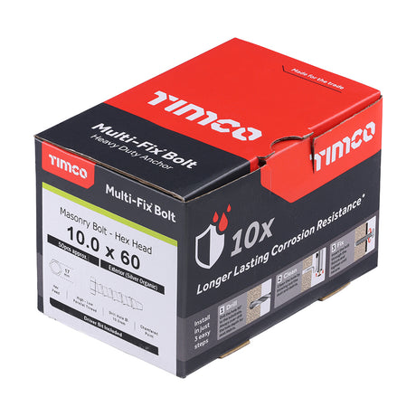 This is an image showing TIMCO Multi-Fix Masonry Bolts - Hex - Exterior - Silver - 10.0 x 60 - 50 Pieces Box available from T.H Wiggans Ironmongery in Kendal, quick delivery at discounted prices.