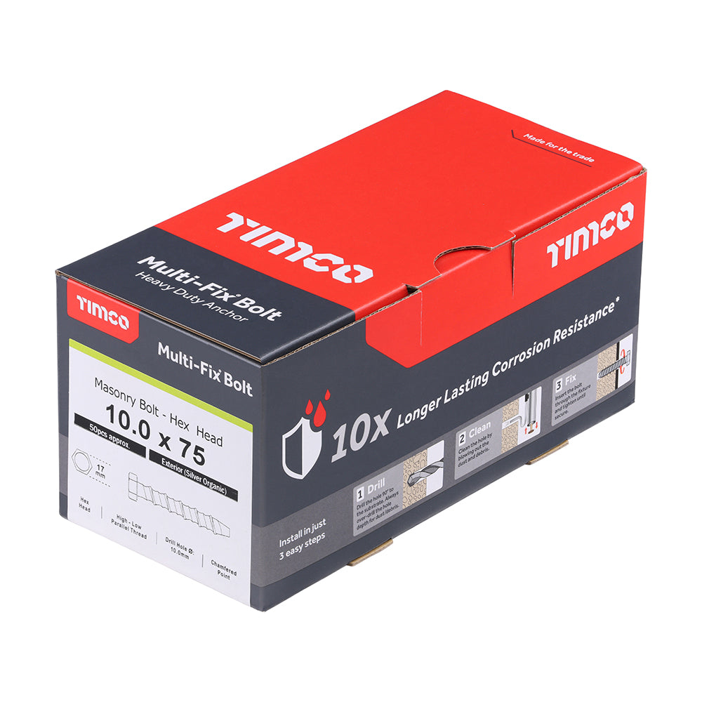 This is an image showing TIMCO Multi-Fix Masonry Bolts - Hex - Exterior - Silver - 10.0 x 75 - 50 Pieces Box available from T.H Wiggans Ironmongery in Kendal, quick delivery at discounted prices.