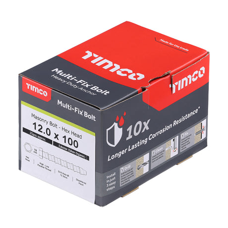 This is an image showing TIMCO Multi-Fix Masonry Bolts - Hex - Exterior - Silver - 12.0 x 100 - 25 Pieces Box available from T.H Wiggans Ironmongery in Kendal, quick delivery at discounted prices.