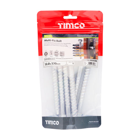 This is an image showing TIMCO Masonry Bolts - Hex - Exterior - Silver - 12.0 x 130 - 6 Pieces TIMbag available from T.H Wiggans Ironmongery in Kendal, quick delivery at discounted prices.