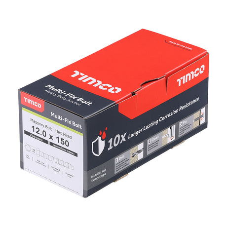 This is an image showing TIMCO Multi-Fix Masonry Bolts - Hex - Exterior - Silver - 12.0 x 150 - 25 Pieces Box available from T.H Wiggans Ironmongery in Kendal, quick delivery at discounted prices.