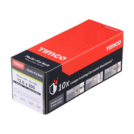 This is an image showing TIMCO Multi-Fix Masonry Bolts - Hex - Exterior - Silver - 12.0 x 200 - 25 Pieces Box available from T.H Wiggans Ironmongery in Kendal, quick delivery at discounted prices.