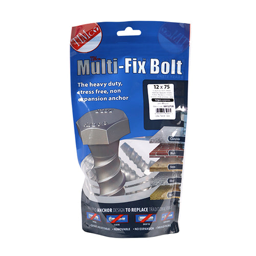 This is an image showing TIMCO Masonry Bolts - Hex - Exterior - Silver - 12.0 x 75 - 12 Pieces TIMbag available from T.H Wiggans Ironmongery in Kendal, quick delivery at discounted prices.