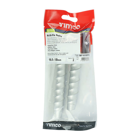 This is an image showing TIMCO Masonry Bolts - Hex - Exterior - Silver - 16.0 x 100 - 2 Pieces TIMpac available from T.H Wiggans Ironmongery in Kendal, quick delivery at discounted prices.