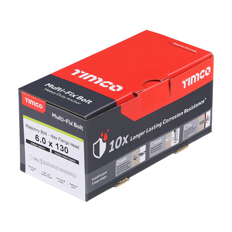 This is an image showing TIMCO Multi-Fix Masonry Bolts - Hex Flange - Exterior - Silver - 6.0 x 130 - 100 Pieces Box available from T.H Wiggans Ironmongery in Kendal, quick delivery at discounted prices.