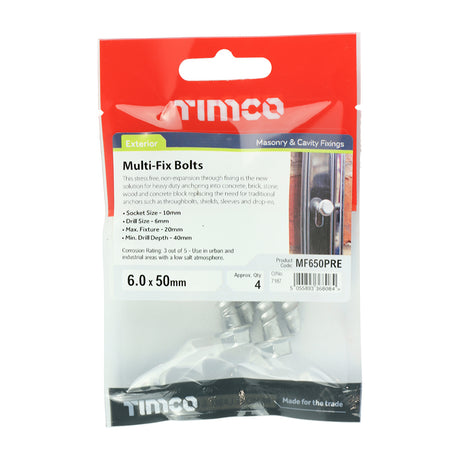 This is an image showing TIMCO Masonry Bolts - Hex Flange - Exterior - Silver - 6.0 x 50 - 4 Pieces TIMpac available from T.H Wiggans Ironmongery in Kendal, quick delivery at discounted prices.