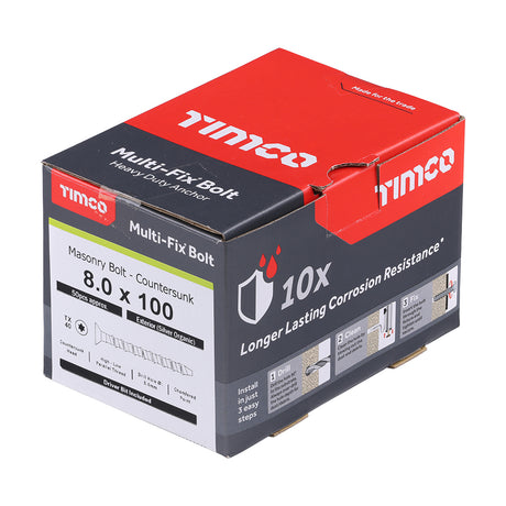 This is an image showing TIMCO Multi-Fix Masonry Bolts - Countersunk - Exterior - Silver - 8.0 x 100/M10 - 50 Pieces Box available from T.H Wiggans Ironmongery in Kendal, quick delivery at discounted prices.